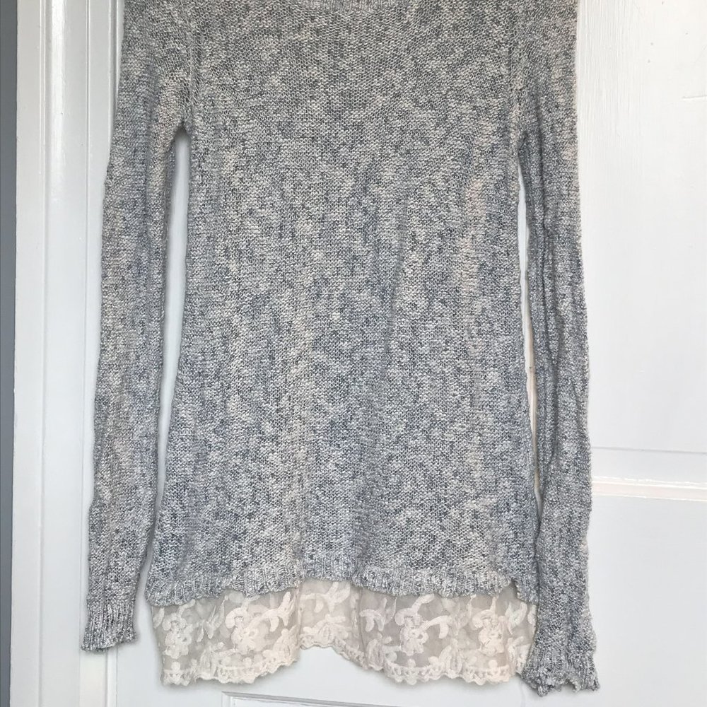 Hippie Rose Sweater, Blue and White, Lace Detail, Size S